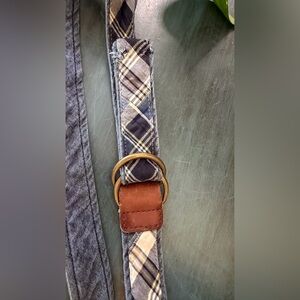 J.Crew men’s woven 100% cotton Madras Plaid leather Trimb D rings 1.5” belt S/M